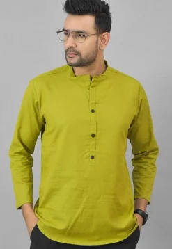 Solid Color Cotton Short Kurta in Olive Green