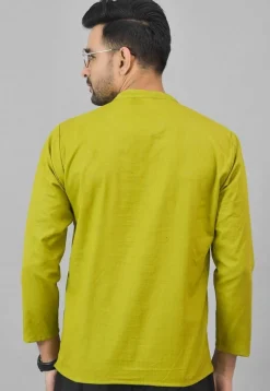 Solid Color Cotton Short Kurta in Olive Green