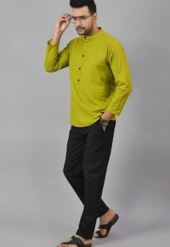 Solid Color Cotton Short Kurta in Olive Green