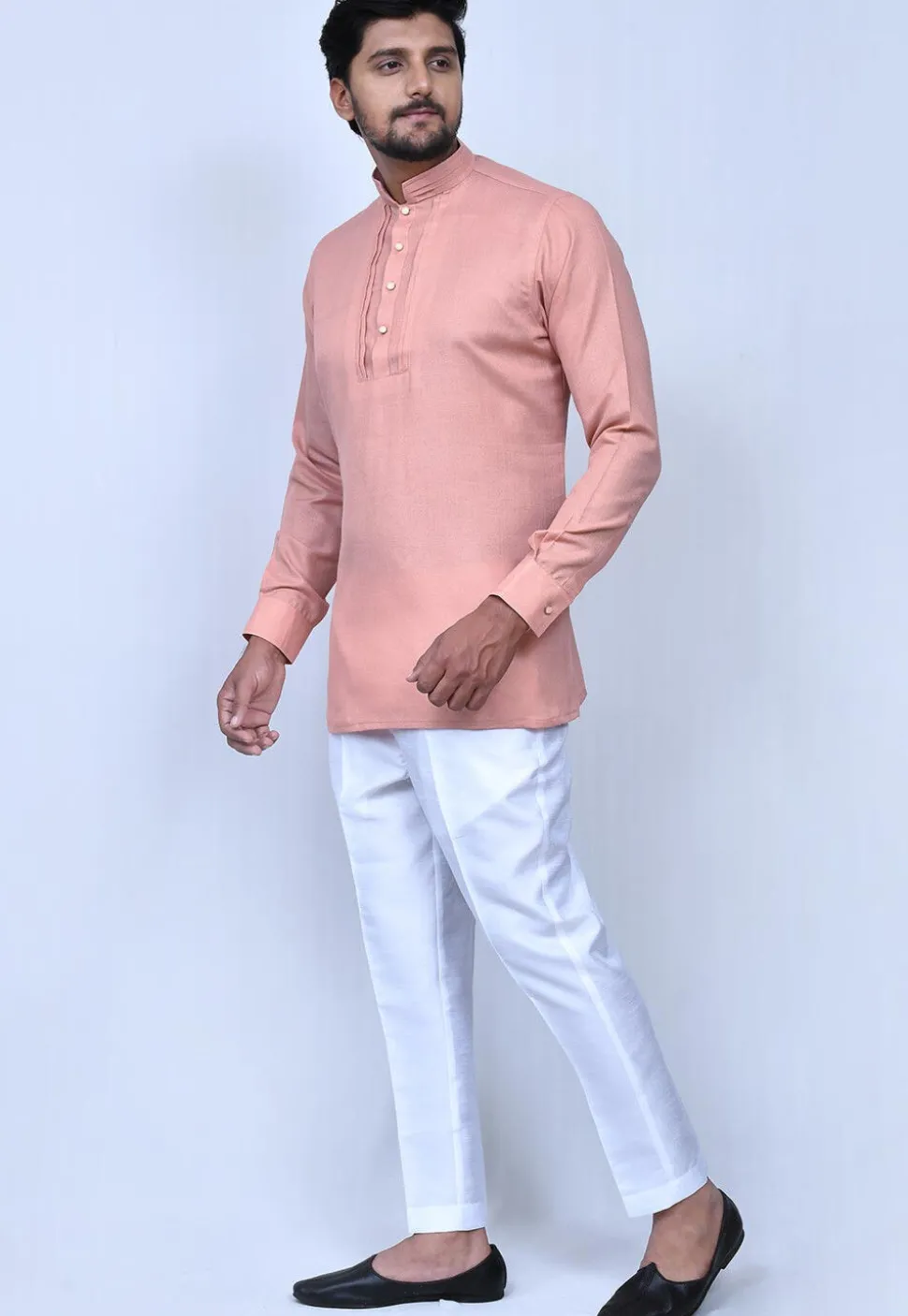 Solid Color Cotton Short Kurta Set in Peach