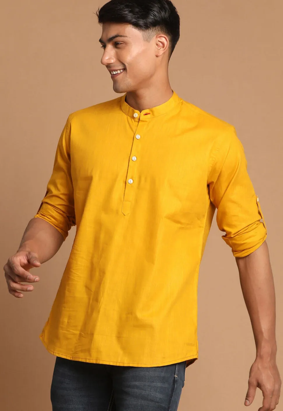 Solid Color Cotton Short Kurta in Mustard