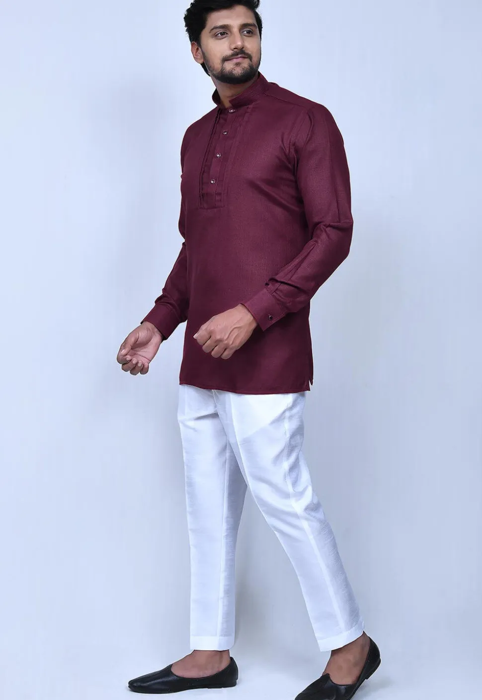 Solid Color Cotton Short Kurta Set in Wine