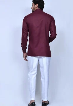 Solid Color Cotton Short Kurta Set in Wine