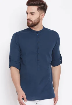 Solid Color Cotton Short Kurta in Navy Blue