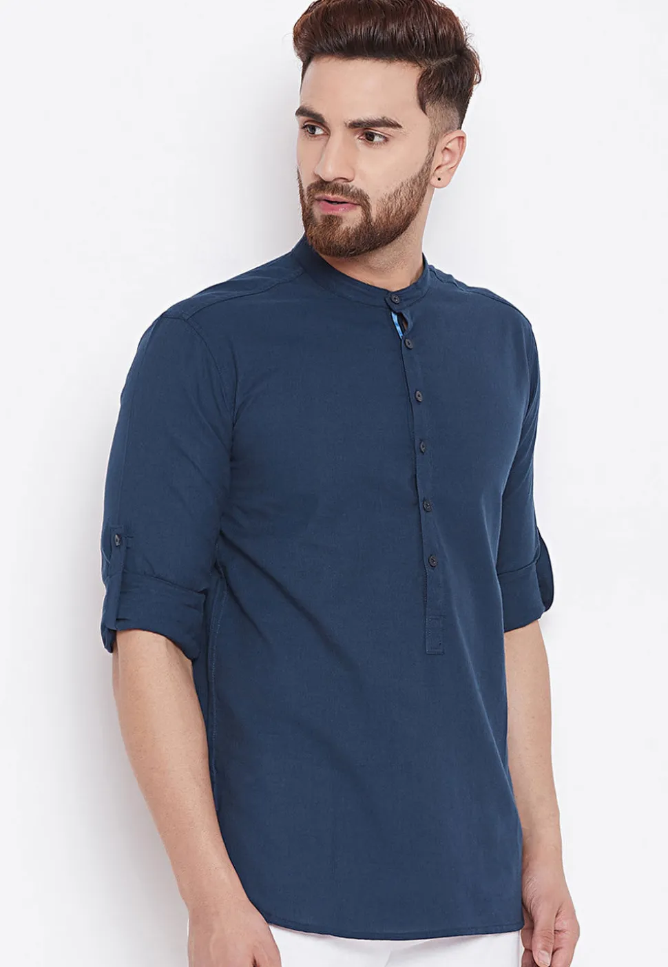 Solid Color Cotton Short Kurta in Navy Blue