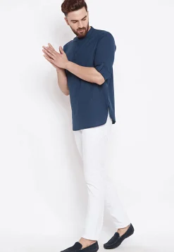 Solid Color Cotton Short Kurta in Navy Blue