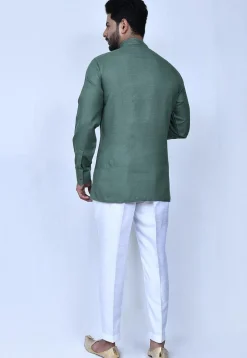 Solid Color Cotton Short Kurta Set in Dusty Green