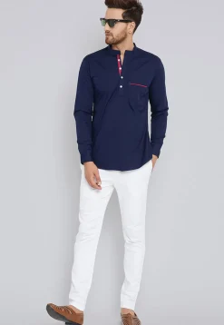 Solid Color Cotton Short Kurta in Navy Blue