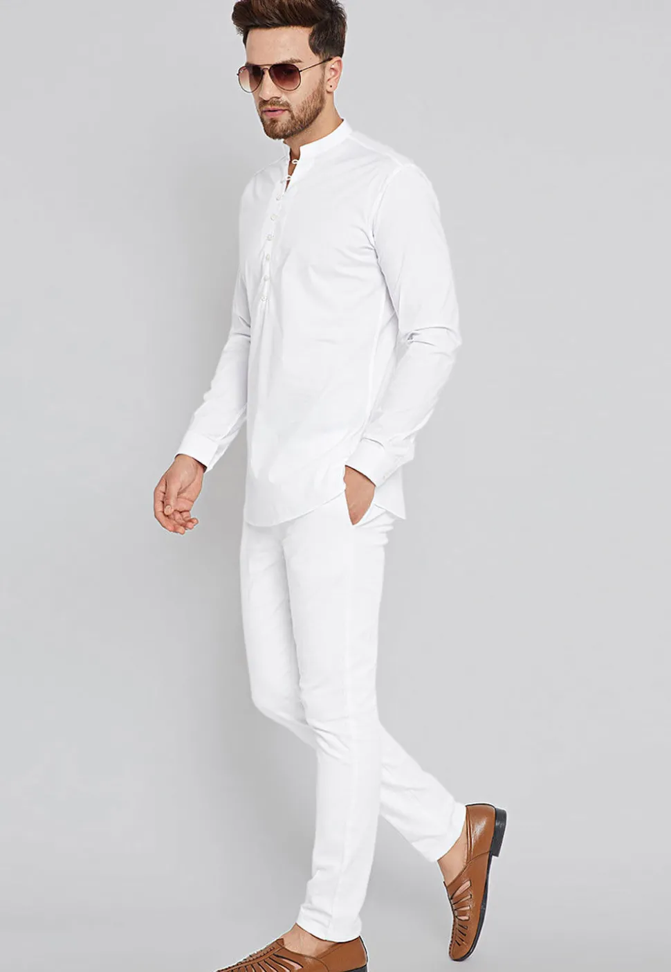 Solid Color Cotton Short Kurta in White