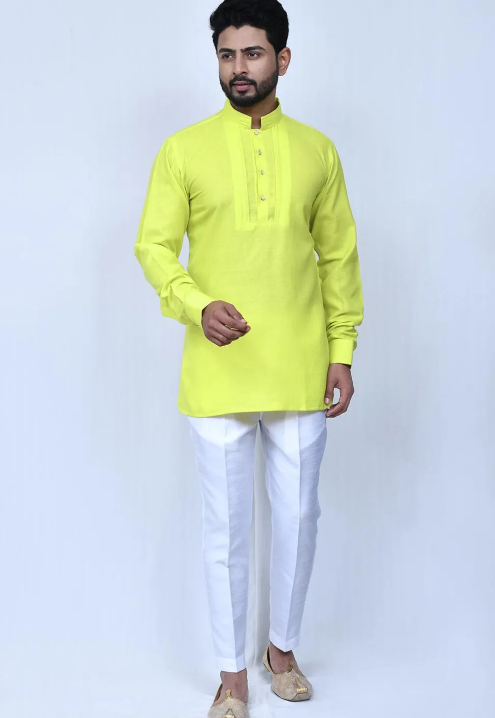 Solid Color Cotton Short Kurta Set in Yellow