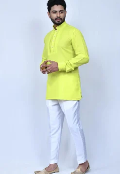 Solid Color Cotton Short Kurta Set in Yellow