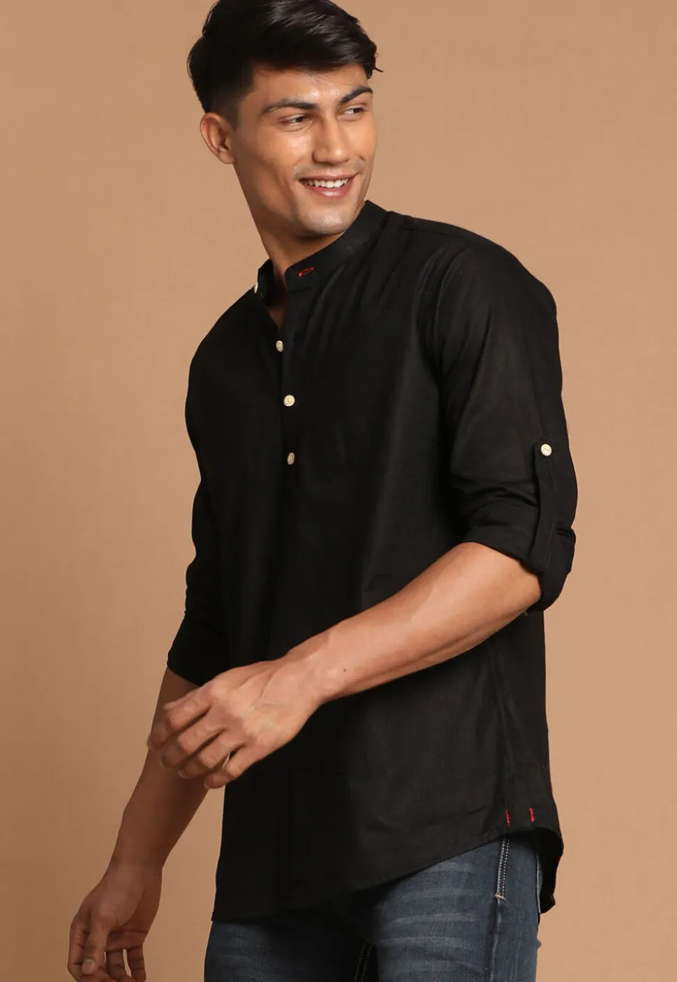 Solid Color Cotton Short Kurta in Black