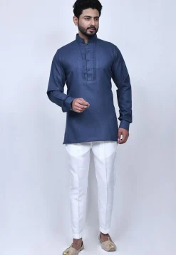 Solid Color Cotton Short Kurta Set in Dark Blue