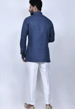Solid Color Cotton Short Kurta Set in Dark Blue