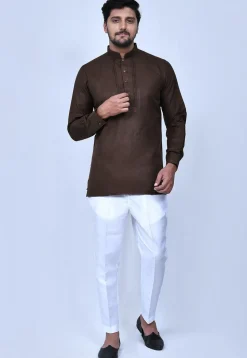 Solid Color Cotton Short Kurta Set in Brown