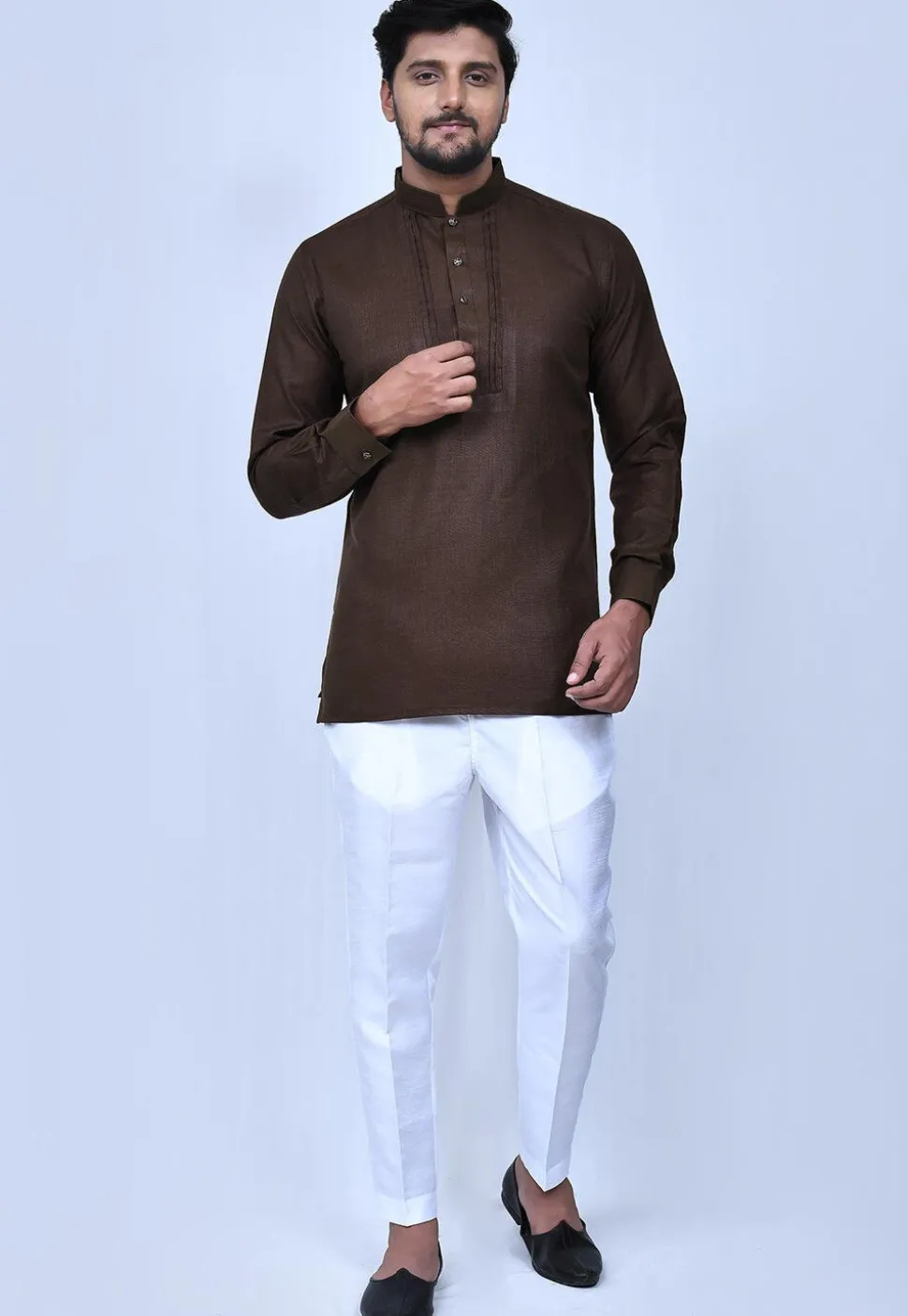 Solid Color Cotton Short Kurta Set in Brown