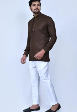 Solid Color Cotton Short Kurta Set in Brown