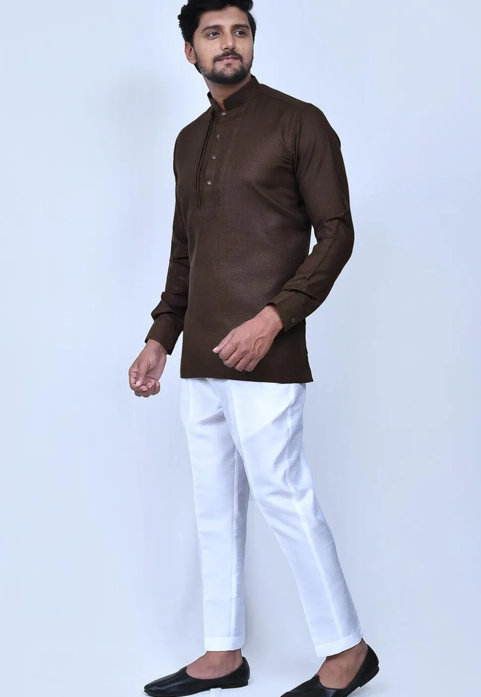Solid Color Cotton Short Kurta Set in Brown