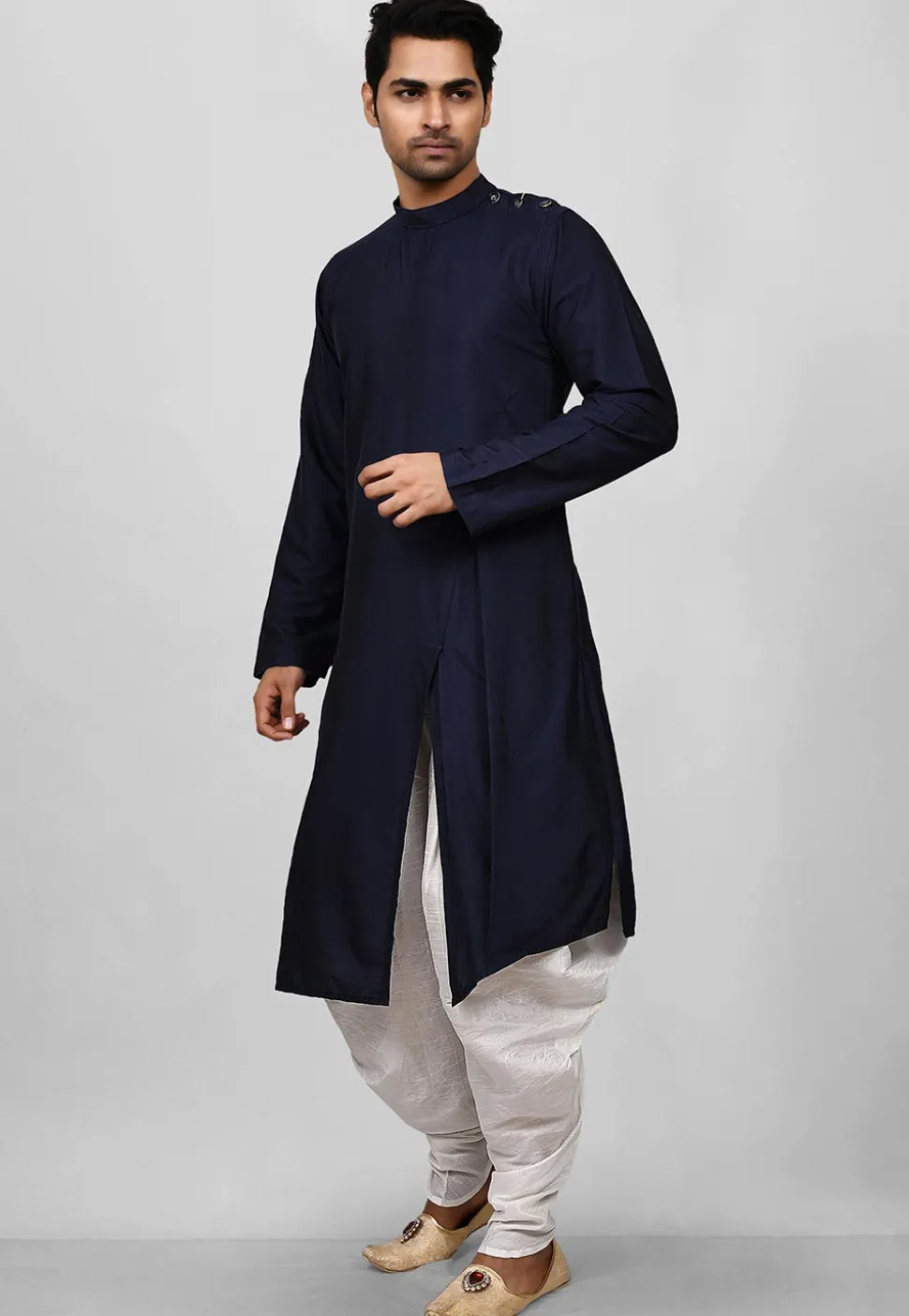 Solid Color Cotton Silk Asymmetric Dhoti Kurta in Navy Blue