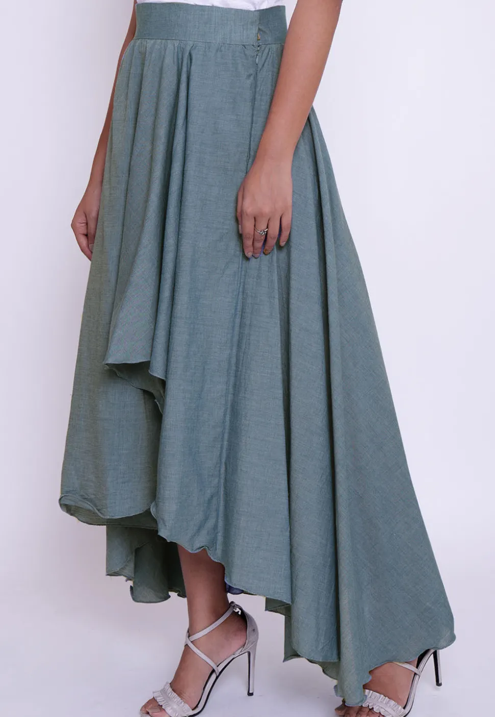 Solid Color Cotton Silk Asymmetric Skirt in Light Blue