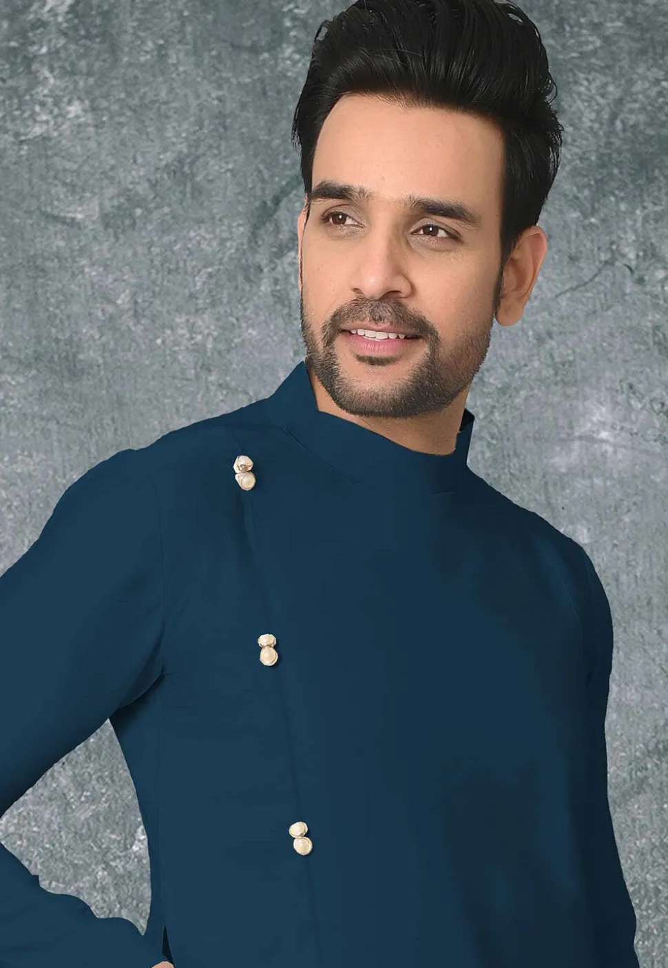 Solid Color Cotton Silk Asymmetric Kurta in Teal Blue