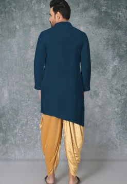 Solid Color Cotton Silk Asymmetric Kurta in Teal Blue