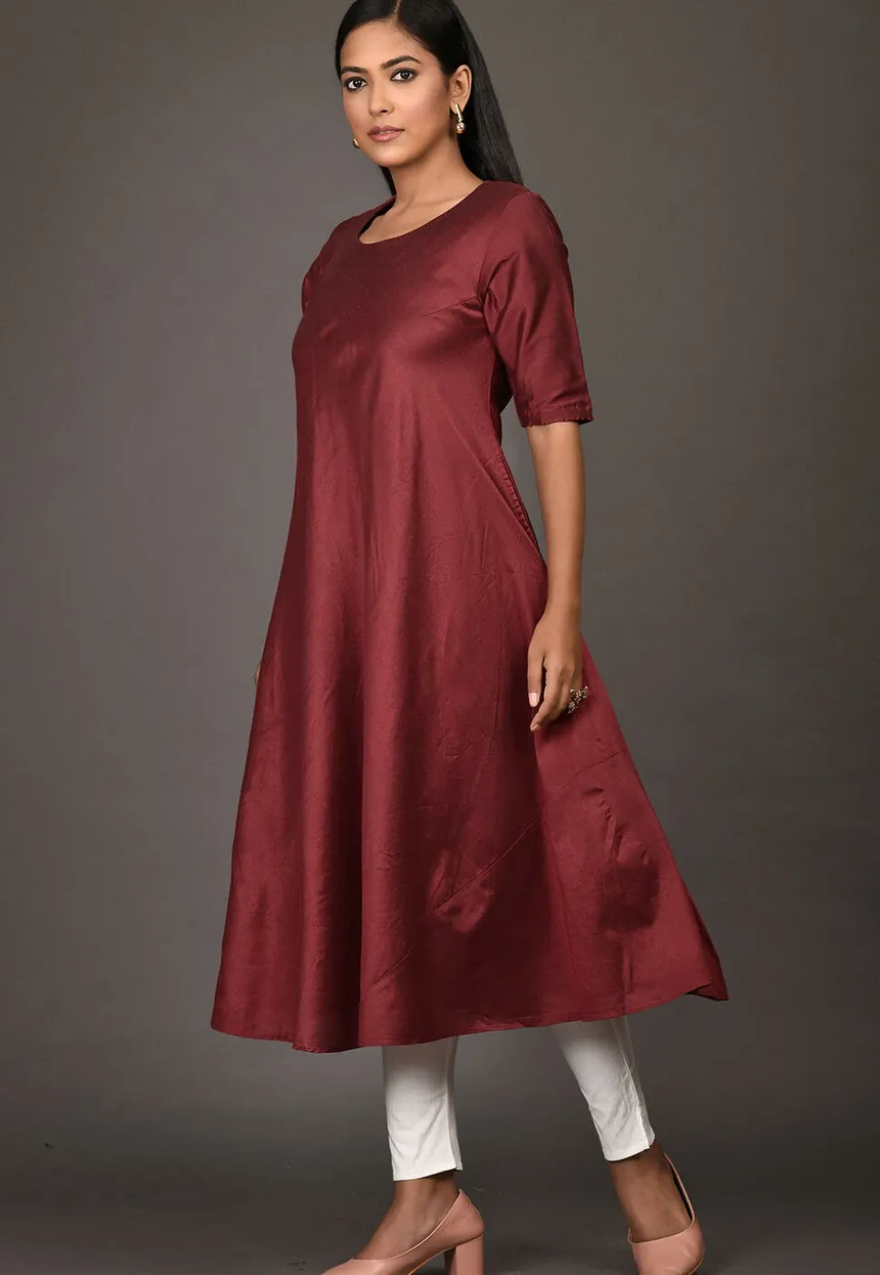 Solid Color Cotton Silk A Line Kurta in Maroon