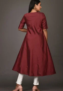 Solid Color Cotton Silk A Line Kurta in Maroon