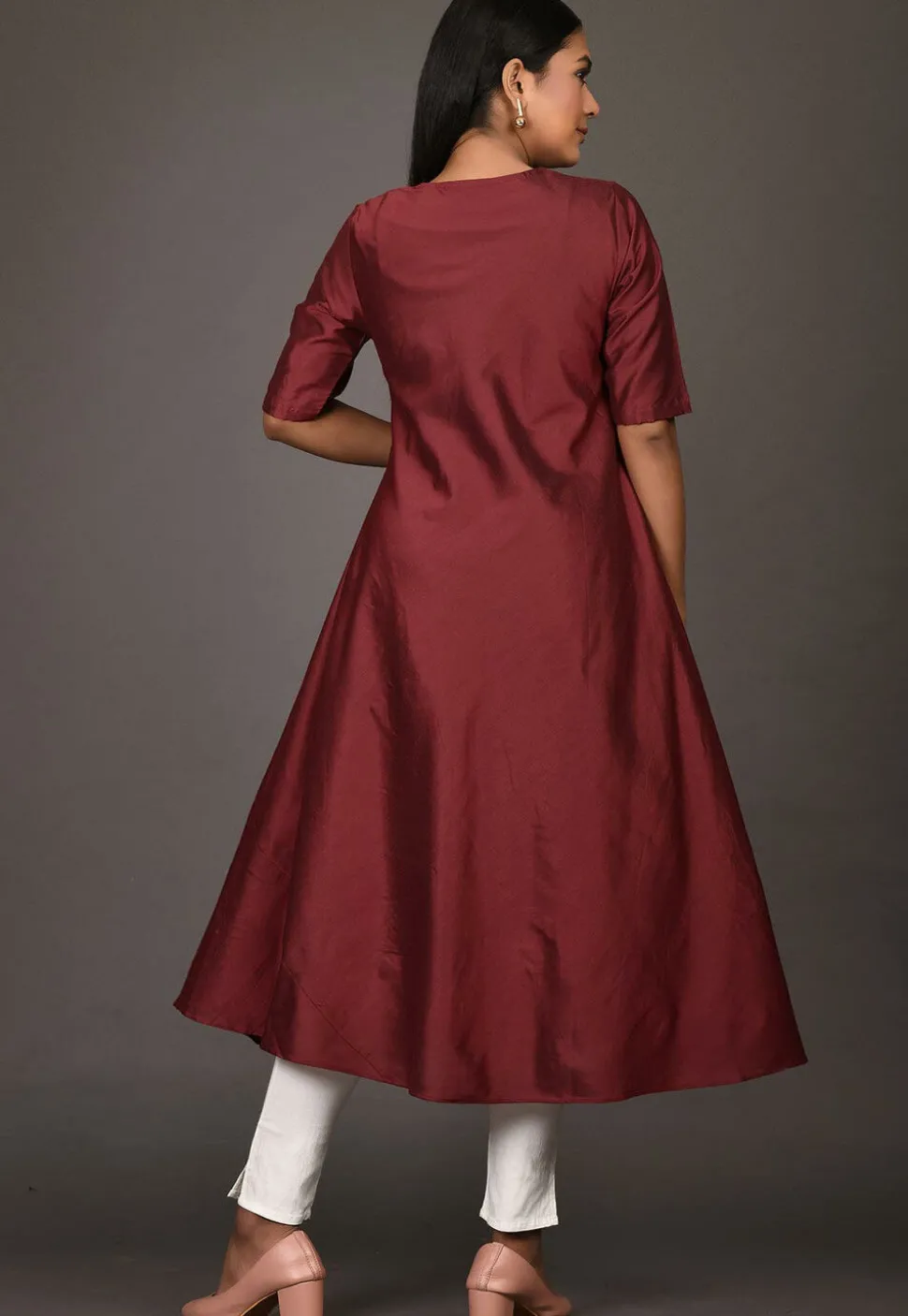 Solid Color Cotton Silk A Line Kurta in Maroon