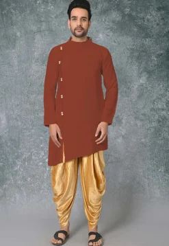 Solid Color Cotton Silk Asymmetric Dhoti Kurta in Rust