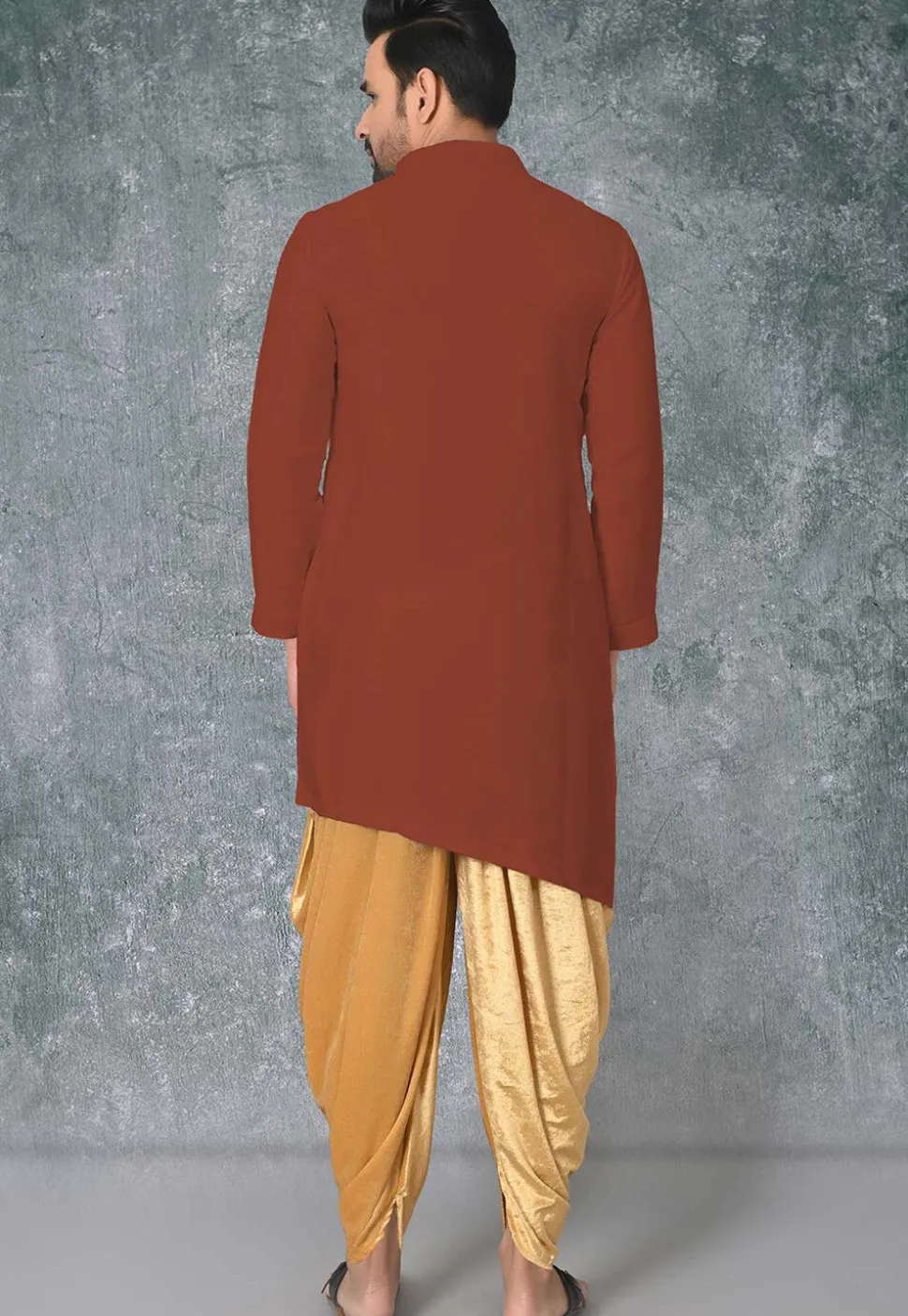 Solid Color Cotton Silk Asymmetric Dhoti Kurta in Rust