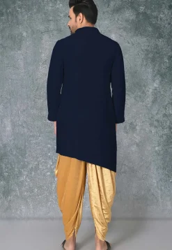 Solid Color Cotton Silk Asymmetric Kurta in Navy Blue