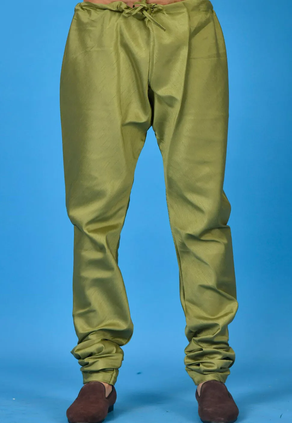 Solid Color Cotton Silk Churidar in Olive Green