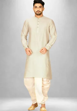 Solid Color Cotton Silk Dhoti Kurta in Light Beige