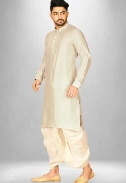 Solid Color Cotton Silk Dhoti Kurta in Light Beige
