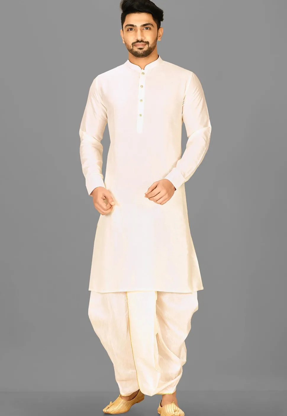 Solid Color Cotton Silk Dhoti Kurta in Off White