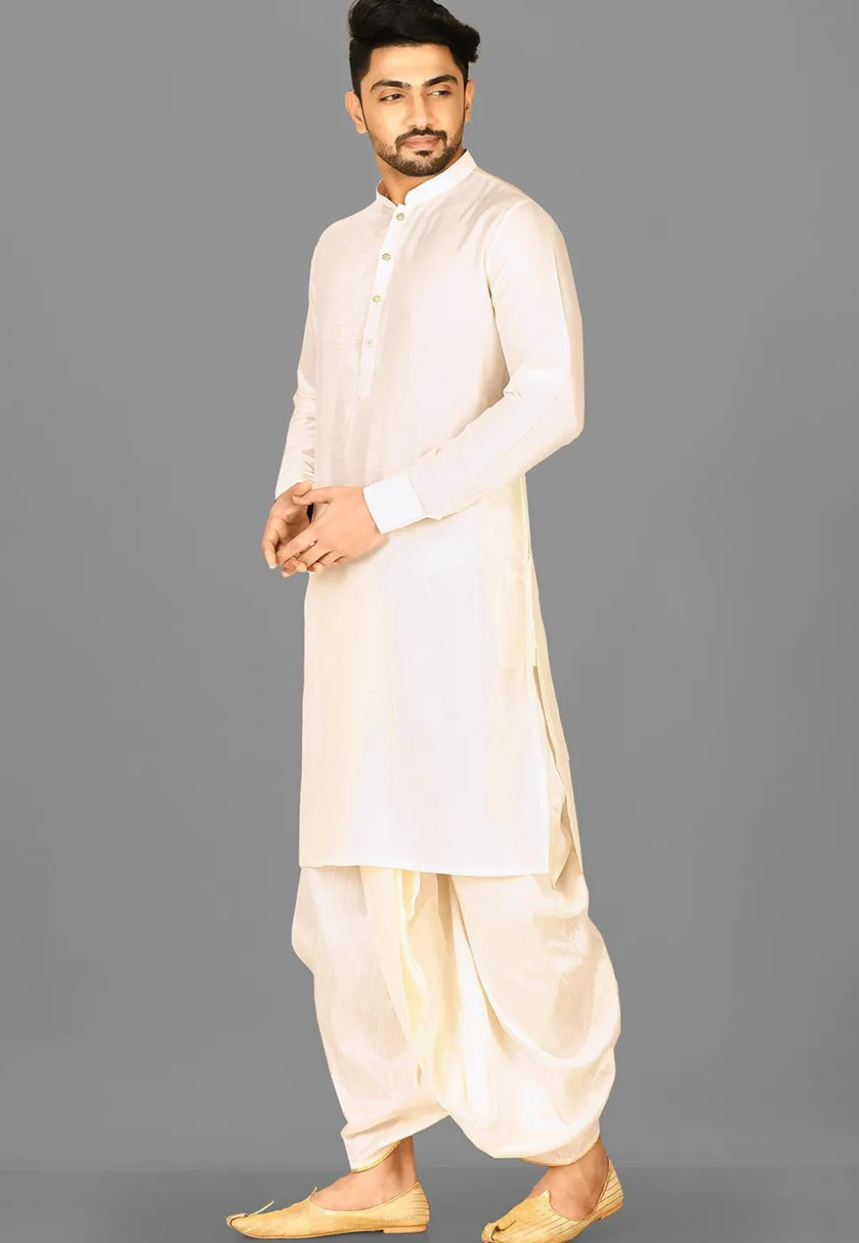Solid Color Cotton Silk Dhoti Kurta in Off White