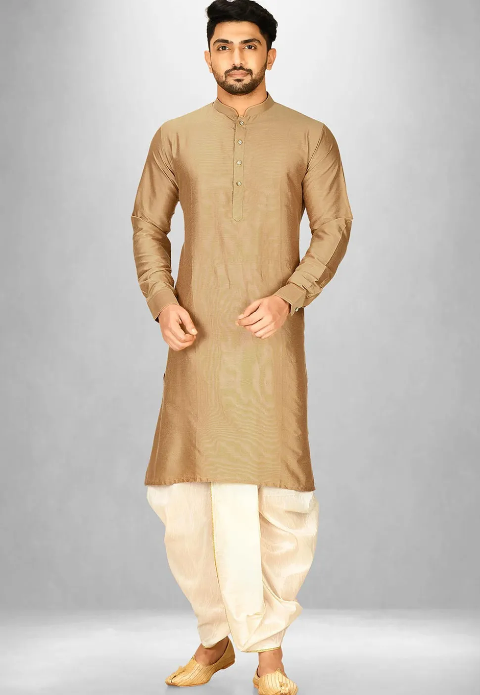 Solid Color Cotton Silk Dhoti Kurta in Dark Beige