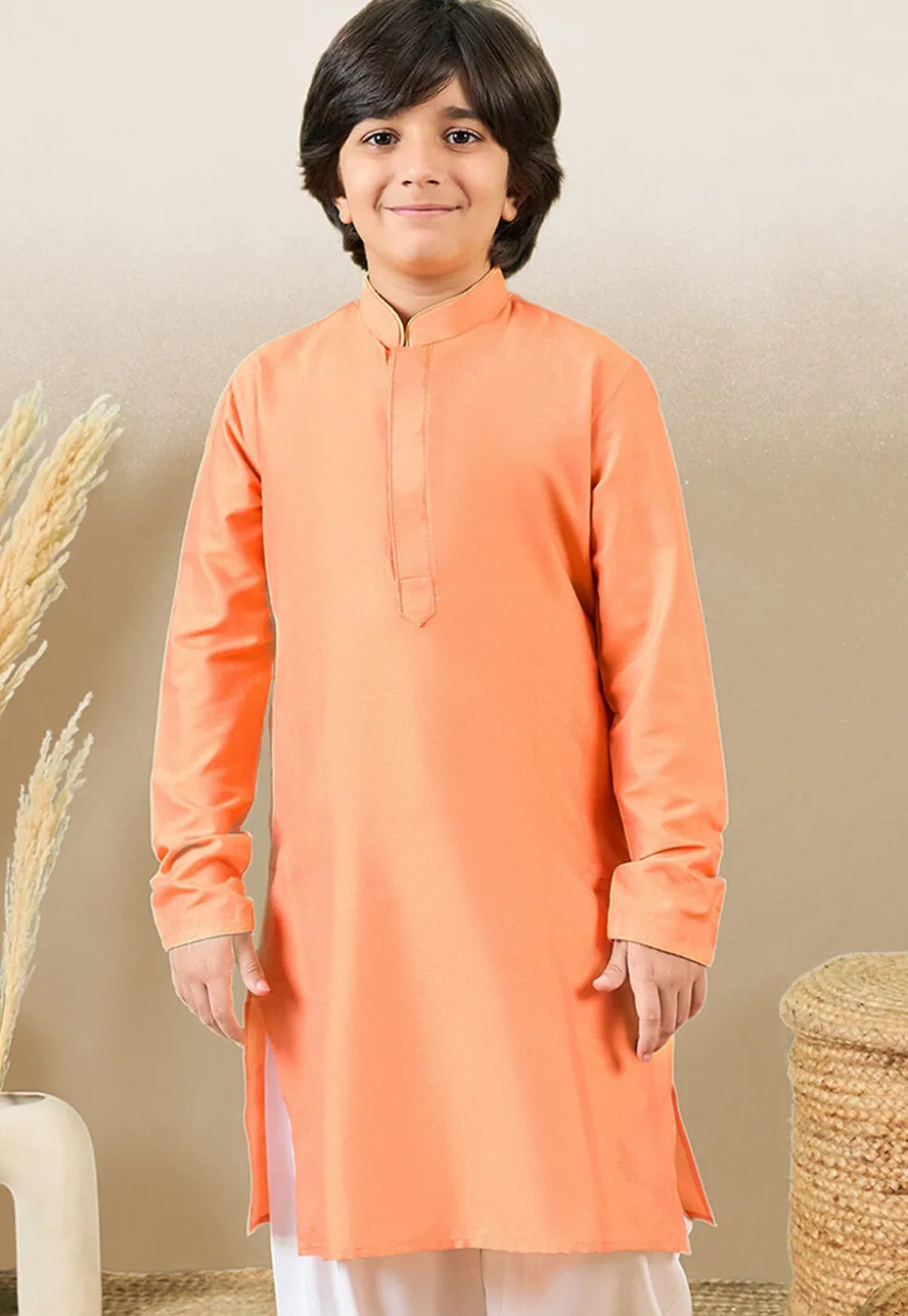 Solid Color Cotton Silk Kurta in Orange