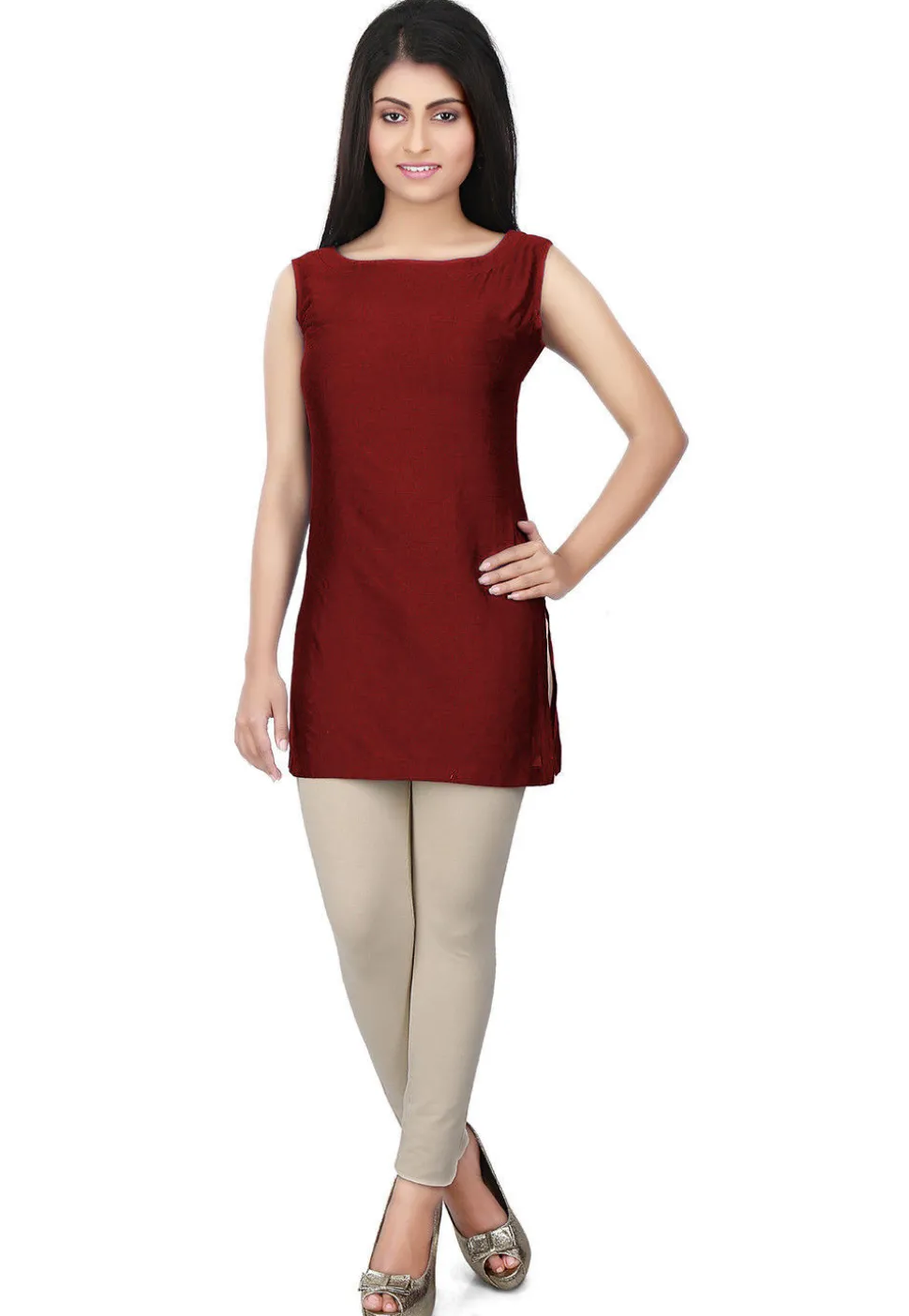 Solid Color Cotton Silk Kurti in Maroon