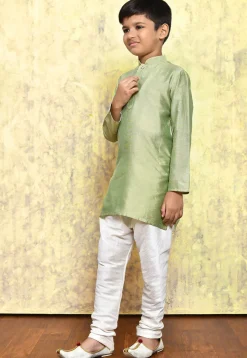 Solid Color Cotton Silk Kurta Set in Pastel Green