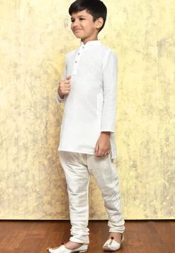 Solid Color Cotton Silk Kurta Set in White