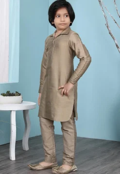 Solid Color Cotton Silk Kurta Set in Fawn