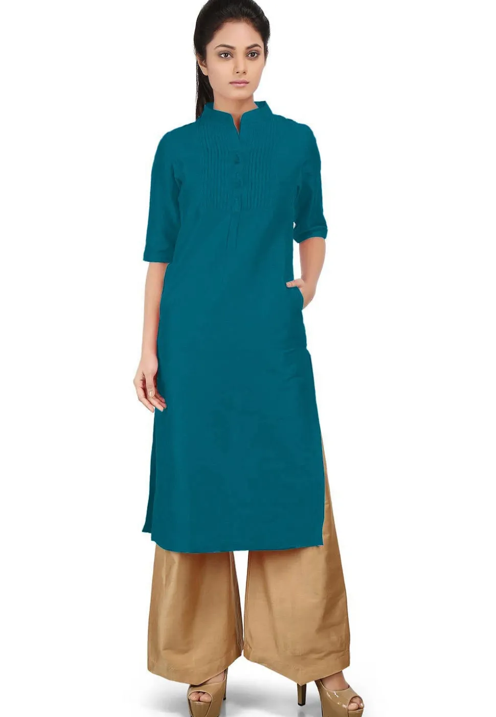 Solid Color Cotton Silk Long Kurta in Dark Teal Blue