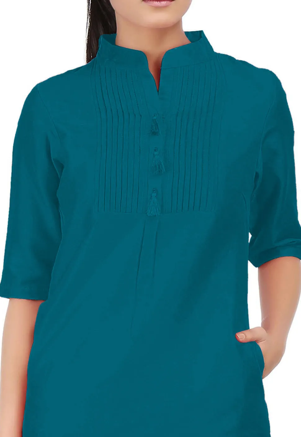 Solid Color Cotton Silk Long Kurta in Dark Teal Blue