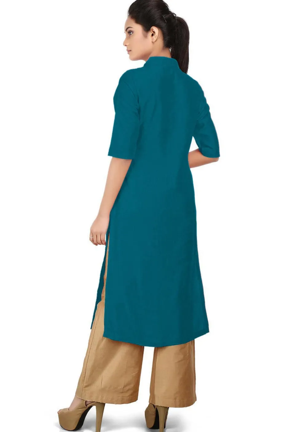 Solid Color Cotton Silk Long Kurta in Dark Teal Blue