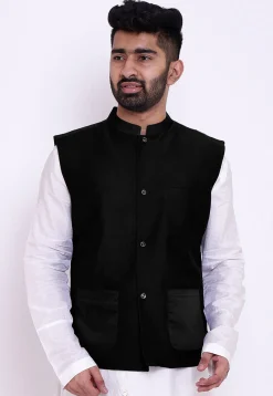 Solid Color Cotton Silk Nehru Jacket in Black