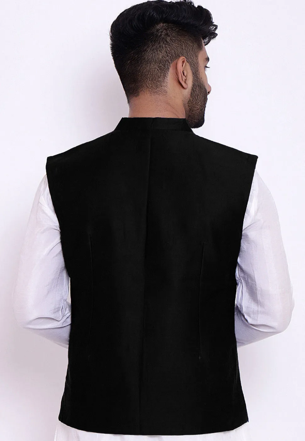Solid Color Cotton Silk Nehru Jacket in Black