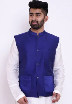Solid Color Cotton Silk Nehru Jacket in Royal Blue
