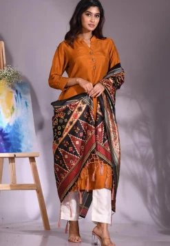 Solid Color Cotton Silk Slub Straight Suit in Mustard